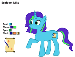 Size: 800x600 | Tagged: safe, derpibooru import, oc, oc:seafoam mist, pony, unicorn, green eyes, reference sheet, simple background, solo, text, white background