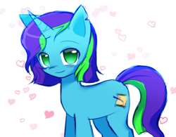 Size: 1396x1088 | Tagged: safe, artist:k0iisu, derpibooru import, oc, oc:seafoam mist, pony, unicorn, green eyes, heart, looking at you, simple background, smiling, solo, white background