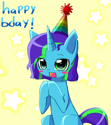 Size: 1016x1144 | Tagged: safe, artist:k0iisu, derpibooru import, oc, oc:seafoam mist, pony, unicorn, blushing, green eyes, hat, open mouth, party hat, sitting, smiling, solo, text