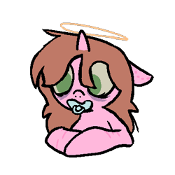 Size: 430x430 | Tagged: safe, artist:l3mon6alm, derpibooru import, oc, oc only, oc:lemon balm, pony, bags under eyes, bite mark, brown mane, green eyes, halo, pacifier, scar, self harm, self harm scars, simple background, solo, transparent background