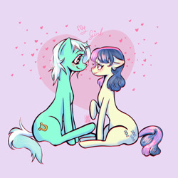 Size: 1752x1752 | Tagged: safe, artist:sizack, derpibooru import, bon bon, lyra heartstrings, sweetie drops, earth pony, pony, unicorn, adorabon, couple, cute, cutie mark, ears, female, floppy ears, heart, lesbian, looking at each other, looking at someone, lyrabetes, signature, simple background, sitting, text