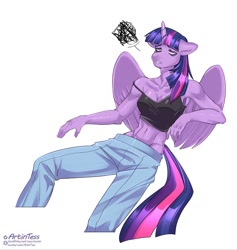 Size: 1211x1280 | Tagged: safe, artist:artintess, derpibooru import, part of a set, twilight sparkle, twilight sparkle (alicorn), alicorn, anthro, bags under eyes, belly button, breasts, cleavage, clothes, denim, ears, emanata, female, floppy ears, headlight sparkle, jeans, mare, midriff, pants, simple background, solo, tired, white background