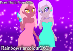 Size: 1536x1080 | Tagged: safe, artist:rainbowstarcolour262, derpibooru import, oc, oc only, oc:taffycoat, oc:zina pearl, human, equestria girls, bare shoulders, bottle, breasts, cleavage, clothes, draw this in your style, dress, duo, duo female, ear piercing, earring, eyeshadow, female, golden eyes, gradient background, jewelry, makeup, necklace, pearl necklace, piercing, pink dress, purple eyes, siblings, signature, sisters, smug, strapless, strapless dress, water bottle