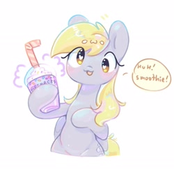 Size: 2048x1990 | Tagged: safe, artist:bubbletea, derpibooru import, derpy hooves, pegasus, pony, cute, derpabetes, dialogue, drink, female, grimace shake, heart, heart eyes, hoof hold, looking at you, mare, mcdonald's, meme, milkshake, open mouth, open smile, owo, simple background, smiling, smiling at you, solo, speech bubble, talking to viewer, this will not end well, white background, wingding eyes