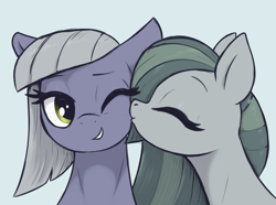 Size: 3000x2230 | Tagged: safe, artist:t72b, derpibooru import, limestone pie, marble pie, earth pony, pony, cute, ears, eyes closed, female, floppy ears, grin, kiss on the cheek, kissing, limabetes, marblebetes, mare, one eye closed, pie sistes, siblings, simple background, sisterly love, sisters, smiling