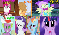 Size: 584x350 | Tagged: safe, artist:mlpfan3991, derpibooru import, edit, edited screencap, screencap, applejack, fluttershy, pinkie pie, rainbow dash, rarity, spike, twilight sparkle, unicorn twilight, dragon, earth pony, pegasus, pony, sloth, unicorn, dragon dropped, dragonshy, lesson zero, secret of my excess, swarm of the century, the best night ever, the crystal empire, clothes, crossed hooves, dress, ears, envy, female, floppy ears, flutterrage, frown, gala dress, gluttony, greed, lust, male, mane seven, mane six, mare, pride, salute, seven deadly sins, wrath