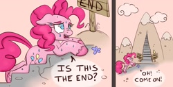 Size: 2000x1019 | Tagged: safe, artist:nedemai, derpibooru import, pinkie pie, earth pony, pony, atg 2023, dialogue, newbie artist training grounds, solo, speech bubble