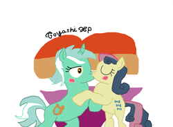 Size: 4814x3550 | Tagged: safe, artist:toyashixp, derpibooru import, bon bon, lyra heartstrings, sweetie drops, earth pony, unicorn, female, heart, kissing, lesbian, lesbian couple, lyrabon, mare, shipping, simple background, white background