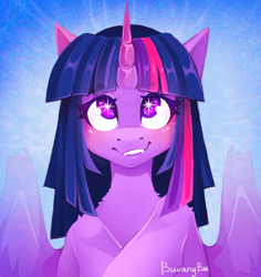 Size: 1867x1974 | Tagged: safe, alternate version, artist:buvanybu, derpibooru import, twilight sparkle, twilight sparkle (alicorn), alicorn, pony, blushing, cute, cute little fangs, fangs, female, looking up, mare, partially open wings, signature, smiling, solo, wingding eyes, wings