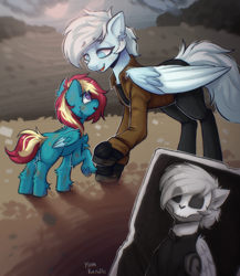 Size: 2892x3336 | Tagged: safe, artist:yumkandie, derpibooru import, oc, oc:polar vortex, pegasus, pony, fallout equestria, ashes town, black and white, blank flank, blue coat, blue eyes, checkered past, cute, dark past, dirt, dirty, eyebrows, eyebrows visible through hair, fallout equestria oc, female, filly, foal, germany oneesan meme, grayscale, meme, monochrome, multicolored hair, photo, skull, skull mask, slaver, smiling, u-turn, u-turn marauder, white mane, wings