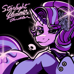 Size: 2400x2400 | Tagged: safe, artist:poxy_boxy, derpibooru import, starlight glimmer, pony, unicorn, album parody, black background, female, high res, lidded eyes, limited palette, mare, michael jackson, name, simple background, smiling, solo, thriller