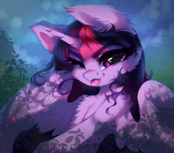 Size: 4000x3500 | Tagged: safe, artist:_moonstar_, artist:moonstarshining, derpibooru import, twilight sparkle, twilight sparkle (alicorn), alicorn, pony, :p, chest fluff, cute, ear fluff, ears, eye clipping through hair, eyebrows, eyebrows visible through hair, female, horn, looking at you, mare, one eye closed, signature, solo, spread wings, tongue, tongue out, twiabetes, wings, wink, winking at you