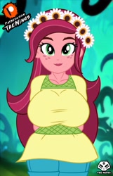 Size: 1285x2000 | Tagged: safe, artist:theminus, derpibooru import, gloriosa daisy, human, equestria girls, arm behind back, big breasts, breasts, busty gloriosa daisy, floral head wreath, flower, flower in hair, freckles, looking at you, solo