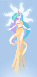 Size: 665x1363 | Tagged: safe, artist:psicoyote, derpibooru import, princess celestia, human, clothes, dress, female, hair over one eye, humanized, simple background, smiling, solo