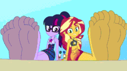 Size: 640x360 | Tagged: safe, artist:a giant woman, derpibooru import, flash sentry, sci-twi, sunset shimmer, timber spruce, twilight sparkle, human, equestria girls, animated, clothes, feet, female, fetish, foot fetish, gif, larger female, male, micro, shrinking, size difference, smaller male, soles, swimsuit