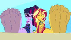 Size: 640x360 | Tagged: safe, artist:a giant woman, derpibooru import, flash sentry, sci-twi, sunset shimmer, timber spruce, twilight sparkle, human, equestria girls, animated, clothes, duo focus, eyes closed, feet, female, fetish, foot fetish, gif, larger female, male, micro, size difference, smaller male, soles, swimsuit, wiggling toes