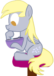 Size: 2080x2909 | Tagged: safe, artist:wissle, derpibooru import, derpy hooves, pegasus, pony, atg 2023, baking, bowl, dough, female, happy, looking down, mare, mixing bowl, newbie artist training grounds, simple background, sitting, solo, spoon, stirring, stool, transparent background