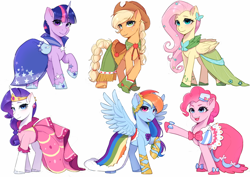 Size: 3508x2480 | Tagged: safe, artist:xiaowu07, derpibooru import, applejack, fluttershy, pinkie pie, rainbow dash, rarity, twilight sparkle, unicorn twilight, earth pony, pegasus, pony, unicorn, g4, clothes, cute, dress, female, gala dress, gown, hat, jewelry, looking at you, mane six, mare, simple background, smiling, smiling at you, white background