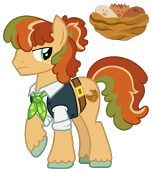 Size: 1368x1550 | Tagged: safe, artist:strawberry-spritz, derpibooru import, oc, oc:early bird, earth pony, pony, clothes, magical lesbian spawn, male, offspring, parent:half baked apple, parent:ms. peachbottom, simple background, solo, stallion, transparent background