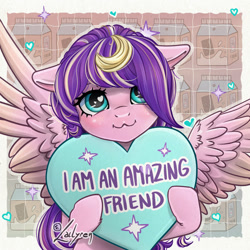 Size: 800x800 | Tagged: safe, artist:lailyren, derpibooru import, oc, oc:star silk, pegasus, pony, chocolate, chocolate milk, female, heart, heart eyes, heart pillow, looking at you, mare, milk, pillow, solo, wingding eyes