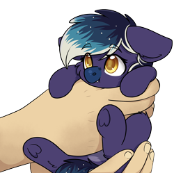 Size: 2148x2136 | Tagged: safe, artist:rokosmith26, derpibooru import, oc, oc:blueberry moon, bat pony, pony, blueberry snoot, cheek fluff, commission, cute, ears, fangs, female, floppy ears, hand, holding, holding a pony, in goliath's palm, looking up, mare, simple background, size difference, solo, transparent background, underhoof, ych example, your character here