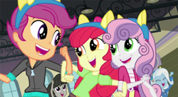 Size: 1920x1048 | Tagged: safe, derpibooru import, screencap, apple bloom, octavia melody, scootaloo, sweetie belle, trixie, human, equestria girls, friendship games, clothes, cutie mark crusaders, female, jacket, linked arms, shirt, sweater, wondercolt ears