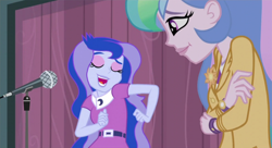 Size: 1920x1048 | Tagged: safe, derpibooru import, screencap, princess celestia, princess luna, principal celestia, vice principal luna, human, equestria girls, friendship games, clothes, crossed arms, curtains, eyes closed, eyeshadow, jacket, lipstick, makeup, microphone, shirt, silly, stifling laughter