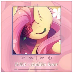 Size: 2200x2200 | Tagged: safe, artist:miryelis, derpibooru import, fluttershy, pegasus, pony, cute, eyes closed, flower, long hair, music, shyabetes, signature, simple background, solo, text