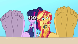 Size: 1440x810 | Tagged: safe, artist:a giant woman, derpibooru import, edit, flash sentry, sci-twi, sunset shimmer, timber spruce, twilight sparkle, human, equestria girls, barefoot, clothes, duo focus, eyes closed, feet, female, fetish, foot fetish, foot focus, giantess, larger female, macro, male, no shading, size difference, smaller male, soles, swimsuit, wiggling toes