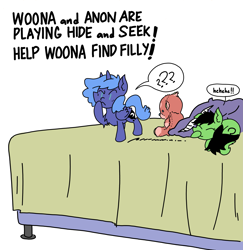 Size: 3413x3508 | Tagged: safe, artist:ponny, derpibooru import, princess luna, oc, oc:anon filly, alicorn, earth pony, bed, colored, female, filly, foal, hide, hide and seek, pillow, plushie, simple background, speech bubble, teddy bear, text, white background, woona, younger