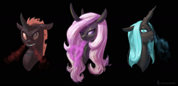 Size: 1863x900 | Tagged: safe, artist:carnifex, derpibooru import, oc, oc only, changeling, changeling queen, angry, blue changeling, love, pink changeling, red changeling, trio