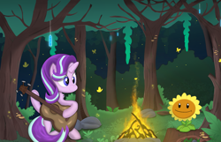 Size: 2173x1396 | Tagged: safe, artist:weiling, derpibooru import, starlight glimmer, butterfly, firefly (insect), insect, pony, unicorn, campfire, crossover, cute, female, flower, forest, glowing, guitar, leaf, mare, musical instrument, night, plants vs zombies, simple background, sitting, solo, sunflower, tree