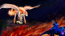 Size: 2500x1400 | Tagged: safe, artist:arisu-kun, derpibooru import, daybreaker, derpy hooves, nightmare moon, alicorn, earth pony, pony, butt, digital art, female, fire, mare, night, plot