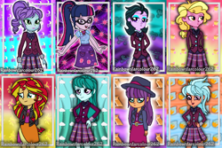 Size: 2000x1332 | Tagged: safe, artist:rainbowstarcolour262, derpibooru import, cold forecast, crystal lullaby, frosty orange, ginger owlseye, sci-twi, sunset shimmer, taffy shade, twilight sparkle, zephyr, human, series:equ wallpapers, equestria girls, equestria girls series, friendship games, :d, abstract background, background human, belt, blonde, blonde hair, bowtie, clothes, collage, crystal prep academy uniform, crystal prep shadowbolts, cute, cutie mark, cutie mark background, cutie mark on clothes, dress, eyeshadow, fedora, female, freckles, geode of telekinesis, glasses, green eyes, hand behind back, hand on hip, happy, hat, jacket, leather, leather jacket, lipstick, long hair, magical geodes, makeup, multicolored hair, necktie, open mouth, open smile, owlabetes, plaid skirt, pleated skirt, ponytail, purple eyes, school uniform, shimmerbetes, shirt, signature, skirt, smiling, twiabetes, wall of tags