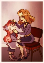 Size: 1431x2048 | Tagged: safe, artist:carouselunique, derpibooru import, adagio dazzle, oc, oc:victory belle, human, bow, brushie, chair, comb, duo, female, hair bow, mother and child, mother and daughter, offspring, parent and child, parent:adagio dazzle, smiling