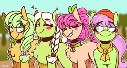 Size: 2360x1255 | Tagged: safe, artist:lrusu, derpibooru import, apple rose, auntie applesauce, goldie delicious, granny smith, earth pony, blushing, bow, braid, chest fluff, eye clipping through hair, eyebrows, eyebrows visible through hair, grin, hair bow, smiling, younger