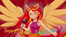 Size: 2880x1645 | Tagged: safe, artist:beth, derpibooru import, sunset shimmer, equestria girls 10th anniversary, equestria girls, rainbow rocks, alternate scenario, female, microphone, ponied up, simple background, solo, spread wings, text, wings