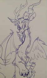 Size: 715x1183 | Tagged: safe, artist:sigmapegasi, derpibooru import, discord, draconequus, eyebrows, looking at you, male, mismatched wings, monochrome, smiling, smiling at you, solo, spread wings, traditional art, wings