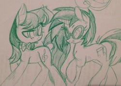 Size: 808x578 | Tagged: safe, artist:sigmapegasi, derpibooru import, dj pon-3, octavia melody, vinyl scratch, earth pony, pony, unicorn, duo, female, mare, monochrome, traditional art