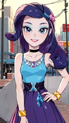 Size: 896x1600 | Tagged: safe, ai content, derpibooru import, generator:stable diffusion, machine learning generated, rarity, human, belt, blue eyes, bracelet, choker, city, clothes, female, generator:expmixline v3, generator:mlp rarity-10, hairpin, hand on hip, jewelry, lipstick, looking at you, makeup, prompter:marusame, public, shirt, skirt, sleeveless, smiling, smiling at you, solo