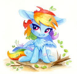 Size: 1200x1155 | Tagged: safe, artist:maytee, derpibooru import, rainbow dash, pegasus, pony, :t, bandaid, chest fluff, colored pencil drawing, crash, cute, dashabetes, female, filly, filly rainbow dash, foal, messy mane, rainbow crash, sitting, solo, spread wings, traditional art, watercolor painting, wings, younger