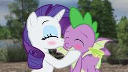 Size: 1920x1080 | Tagged: safe, artist:georgegarza01, derpibooru import, rarity, spike, dragon, unicorn, blushing, cute, female, hooves on cheeks, kiss on the cheek, kissing, male, shipping, show accurate, sparity, spikabetes, straight, winged spike, wings, youtube link