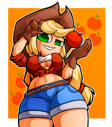 Size: 1350x1543 | Tagged: safe, artist:kyouman1010, derpibooru import, applejack, human, equestria girls, abs, apple, applerack, breasts, clothes, denim, denim shorts, food, hat, looking at you, midriff, shorts, smiling, solo, underboob