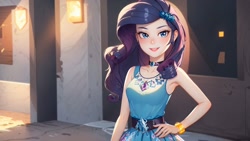 Size: 1920x1080 | Tagged: safe, ai content, derpibooru import, generator:stable diffusion, machine learning generated, rarity, human, belt, blue eyes, bracelet, choker, city, clothes, female, generator:divineelegancemix v5, generator:mlp rarity-10, hairpin, hand on hip, jewelry, lipstick, looking at you, makeup, prompter:marusame, public, shirt, skirt, sleeveless, smiling, smiling at you, solo