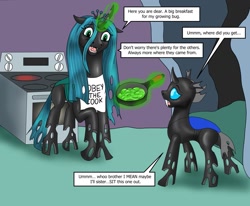 Size: 1279x1052 | Tagged: safe, artist:termyotter, derpibooru import, queen chrysalis, changeling, apron, atg 2023, clothes, implied cannibalism, magic, newbie artist training grounds, pan