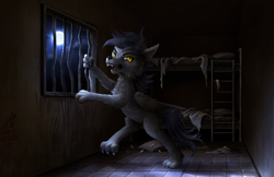 Size: 4096x2660 | Tagged: safe, artist:magfen, derpibooru import, pegasus, pony, werewolf, wolf, wolf pony, bed sheets, bunk bed, cell, full moon, golden eyes, moon, night, sharp teeth, solo, staring at you