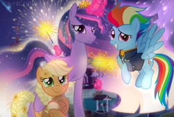 Size: 1080x729 | Tagged: artist needed, source needed, safe, derpibooru import, applejack, princess twilight 2.0, rainbow dash, twilight sparkle, twilight sparkle (alicorn), alicorn, earth pony, pegasus, pony, the last problem, fireworks, older, older applejack, older rainbow dash, older twilight