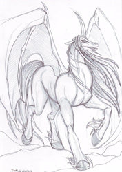 Size: 2059x2912 | Tagged: safe, artist:darkaudi1728, derpibooru import, oc, oc only, oc:inferno, alicorn, bat pony, bat pony alicorn, pony, bat wings, horn, solo, traditional art, wings