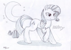 Size: 2912x2059 | Tagged: safe, artist:darkaudi1728, derpibooru import, rarity, pony, crescent moon, eyelashes, female, mare, moon, raised hoof, raised leg, smiling, solo, traditional art