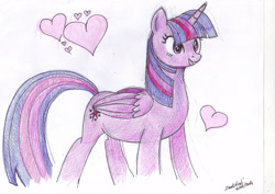 Size: 2912x2059 | Tagged: safe, artist:darkaudi1728, derpibooru import, twilight sparkle, twilight sparkle (alicorn), alicorn, pony, eyelashes, female, heart, mare, signature, smiling, solo, traditional art